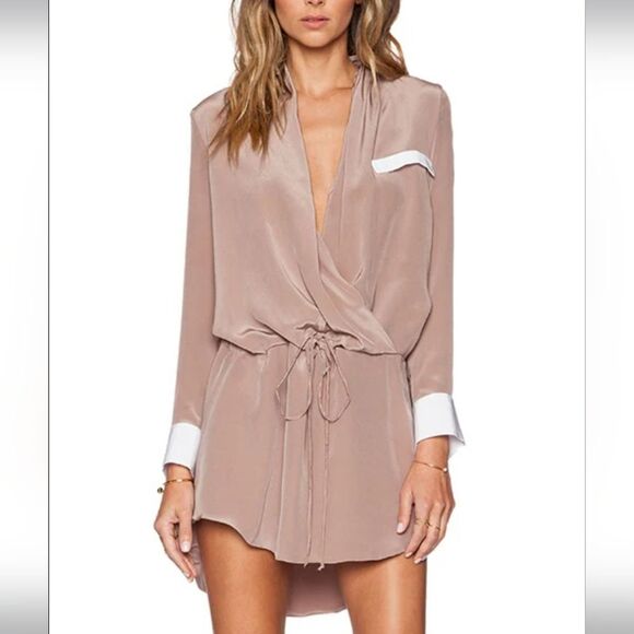 100% SILK HELENA QUINN REVOLVE TAN WHITE SHIRT DRESS TUNIC JACKET L XL NWT NEW - Picture 1 of 10